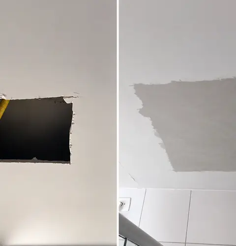Antes e depois de reparo em forro de gesso